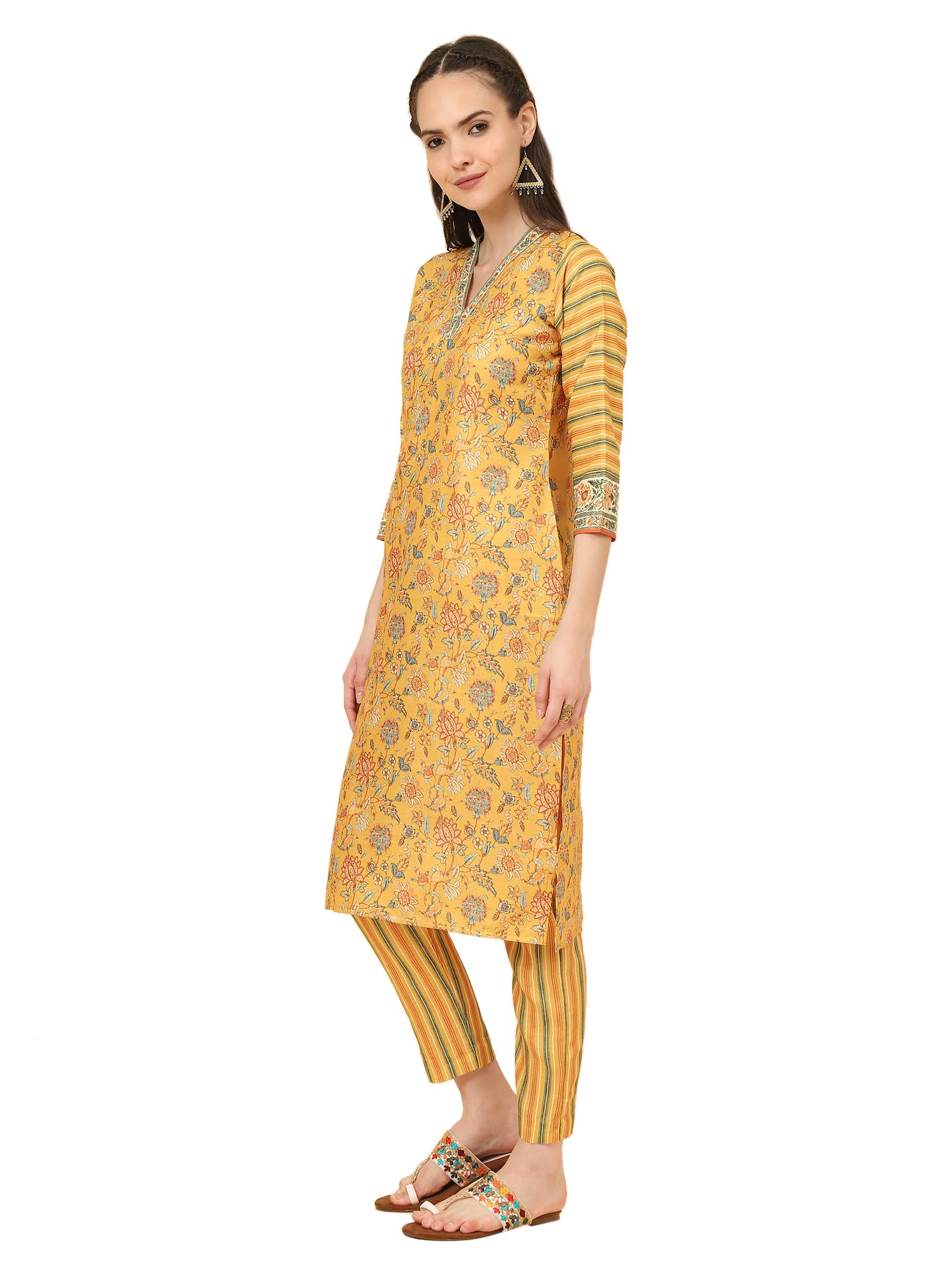 Avanova Women'S Yellow Cotton Blend V Neck, 3/4 Sleeve Straight Printed Kurta With Pant (Kp 93)