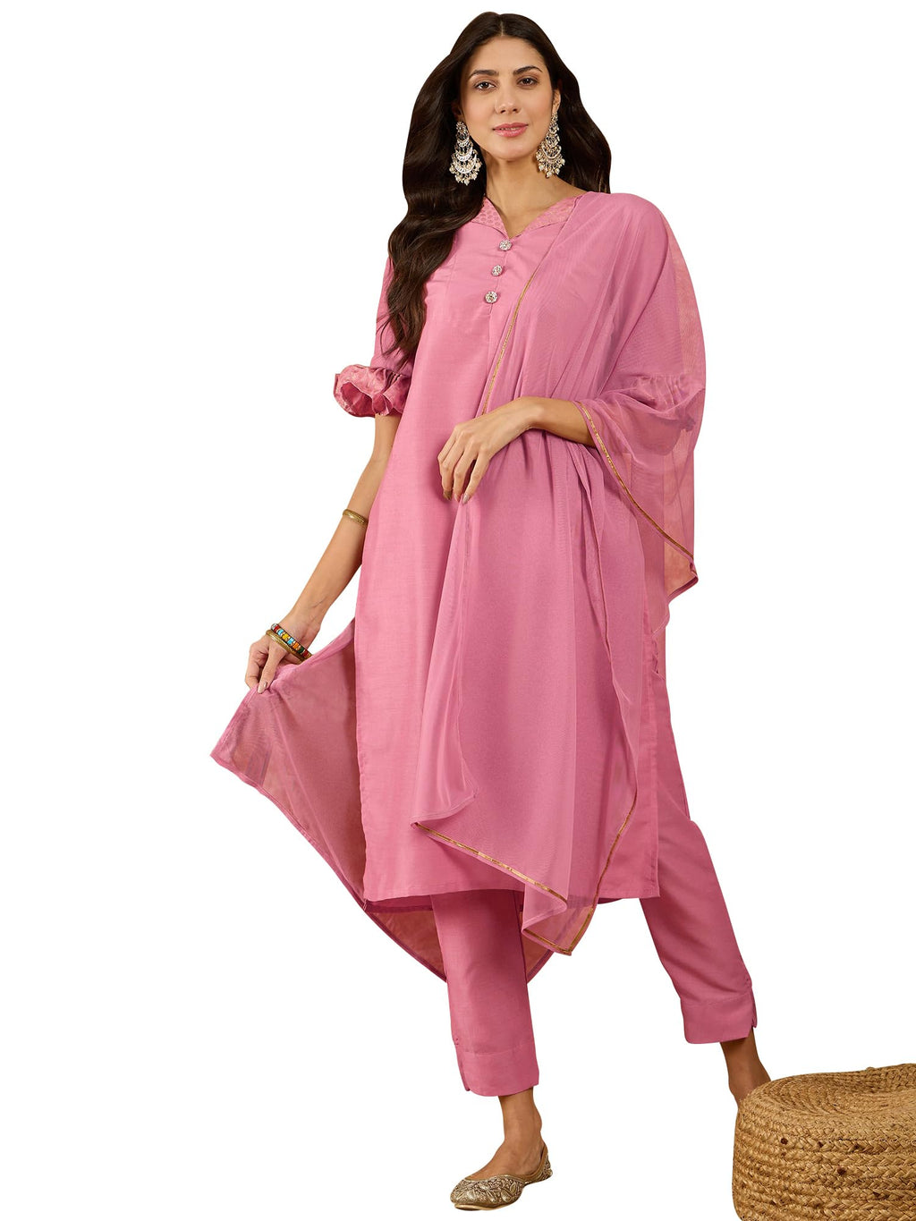 Ziyaa Art Silk Women'S Pink Chinon Kurta,Pant Set With Dupatta (Ziskdch4080-Rl-Xl
