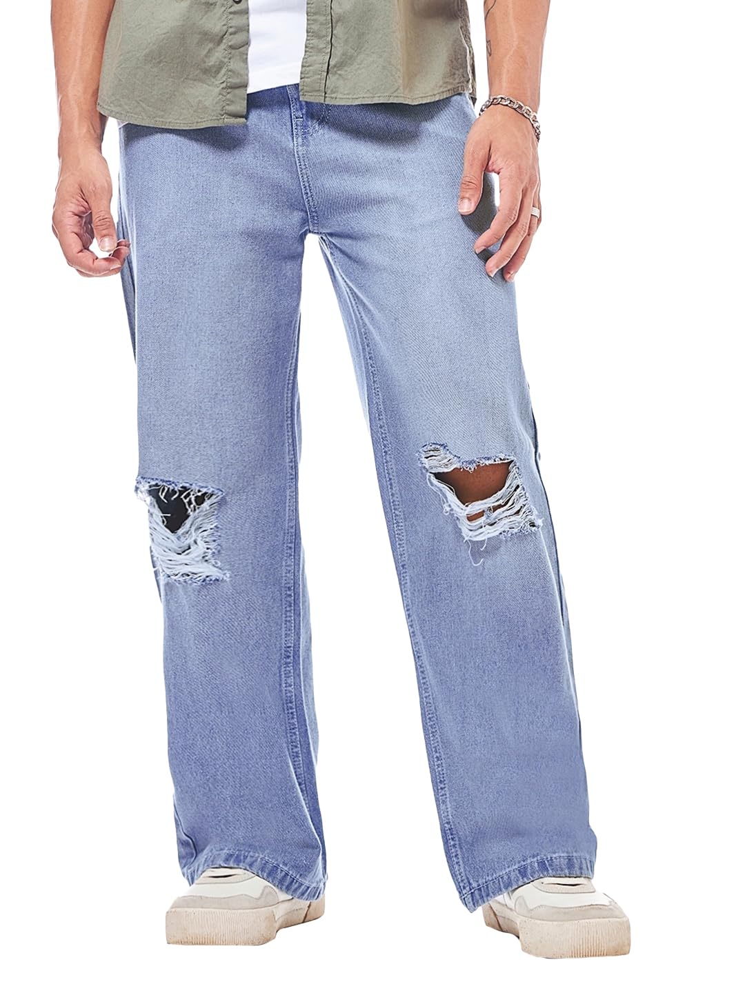Bewakoof Mens Solid High Rise Straight Fit Cotton High Rise Distressed Jeans_624695_Blue_30