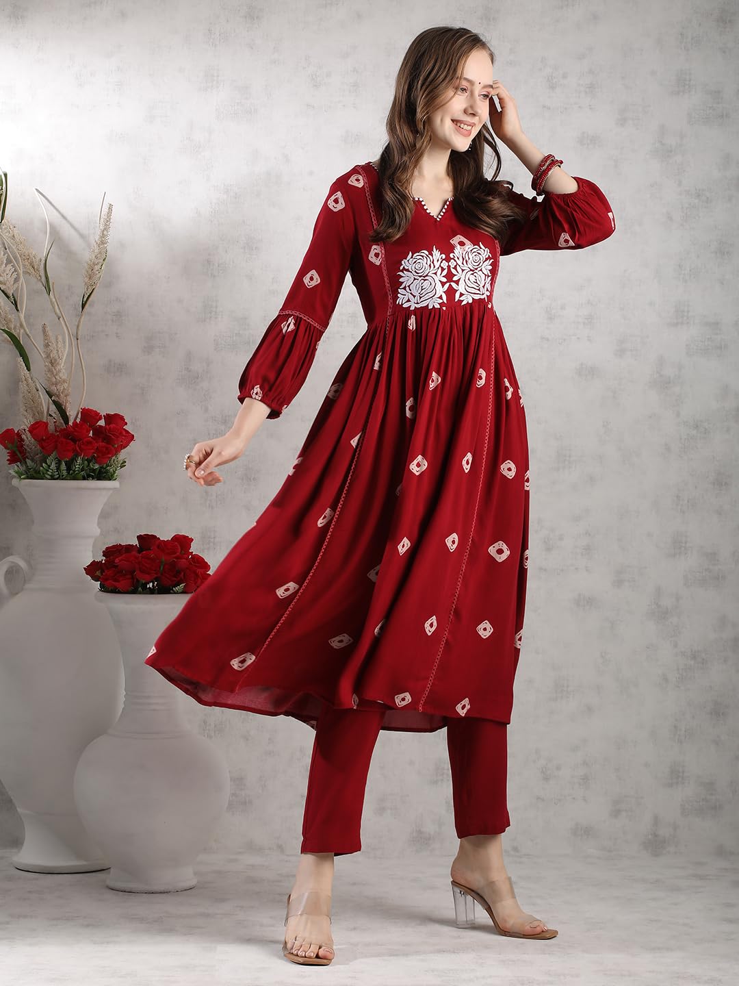 ANNI DESIGNER Women s Anarkali Printed Rayon Blend Kurta with Pants, Burgundy, Small