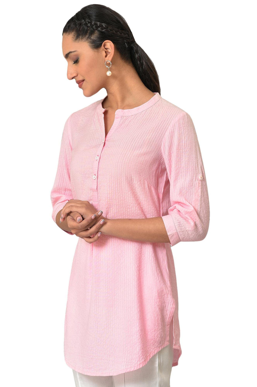 Aurelia Pink Textured Cotton-Rayon Blend Regular Kurti For Women