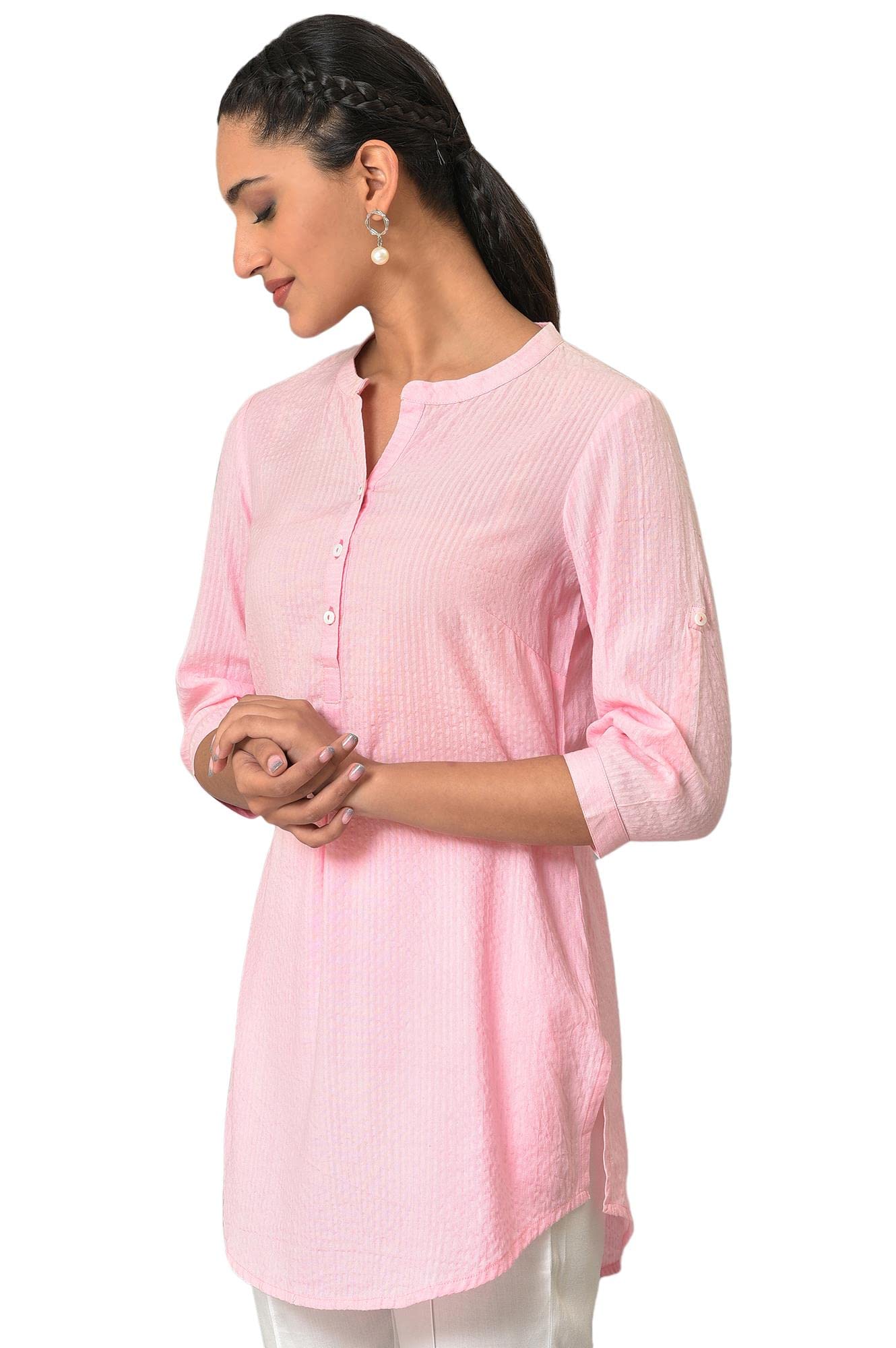Aurelia Pink Textured Cotton-Rayon Blend Regular Kurti For Women