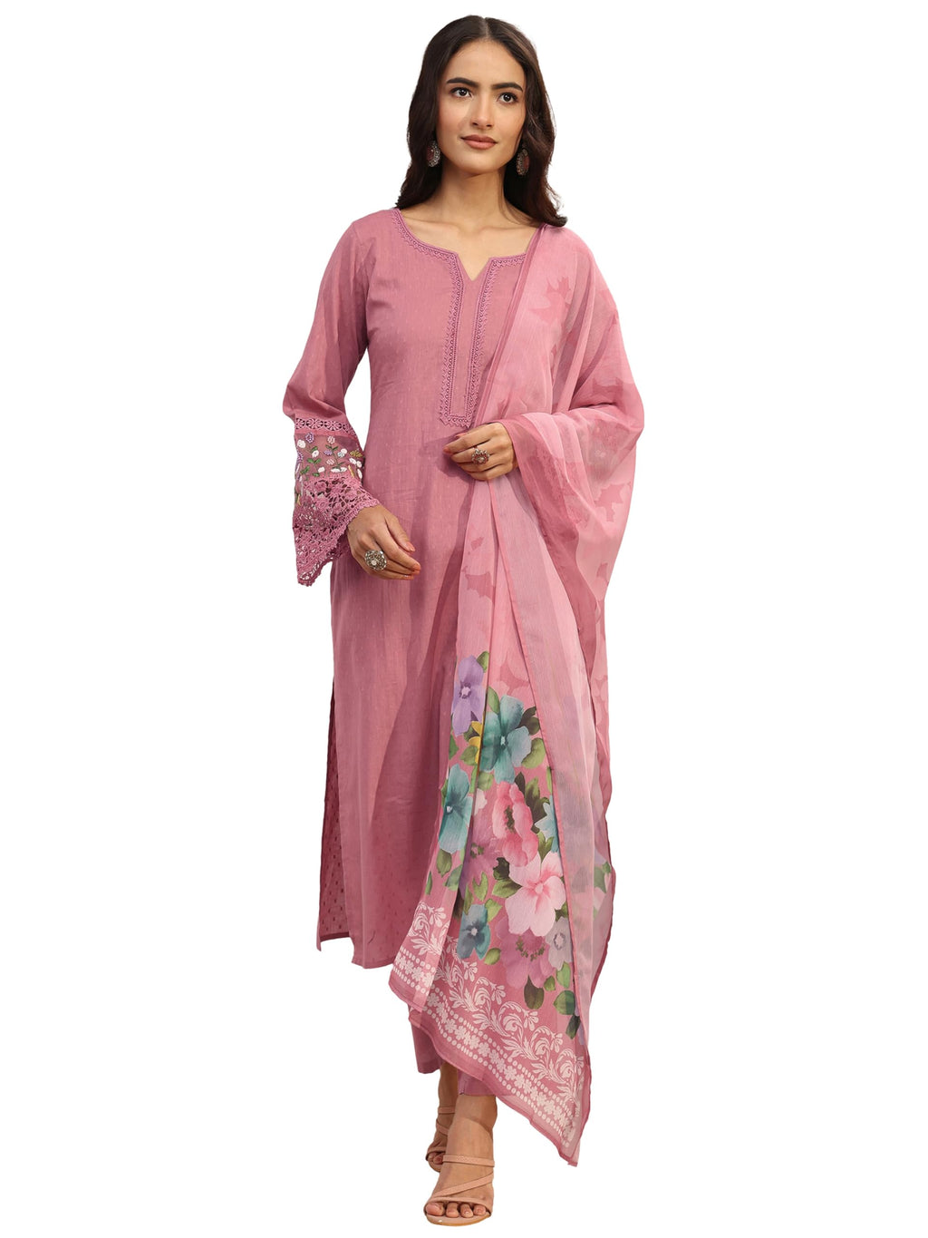 Libas Woven Design Cotton Blend Straight Kurta With Trousers and Dupatta-99869XXL