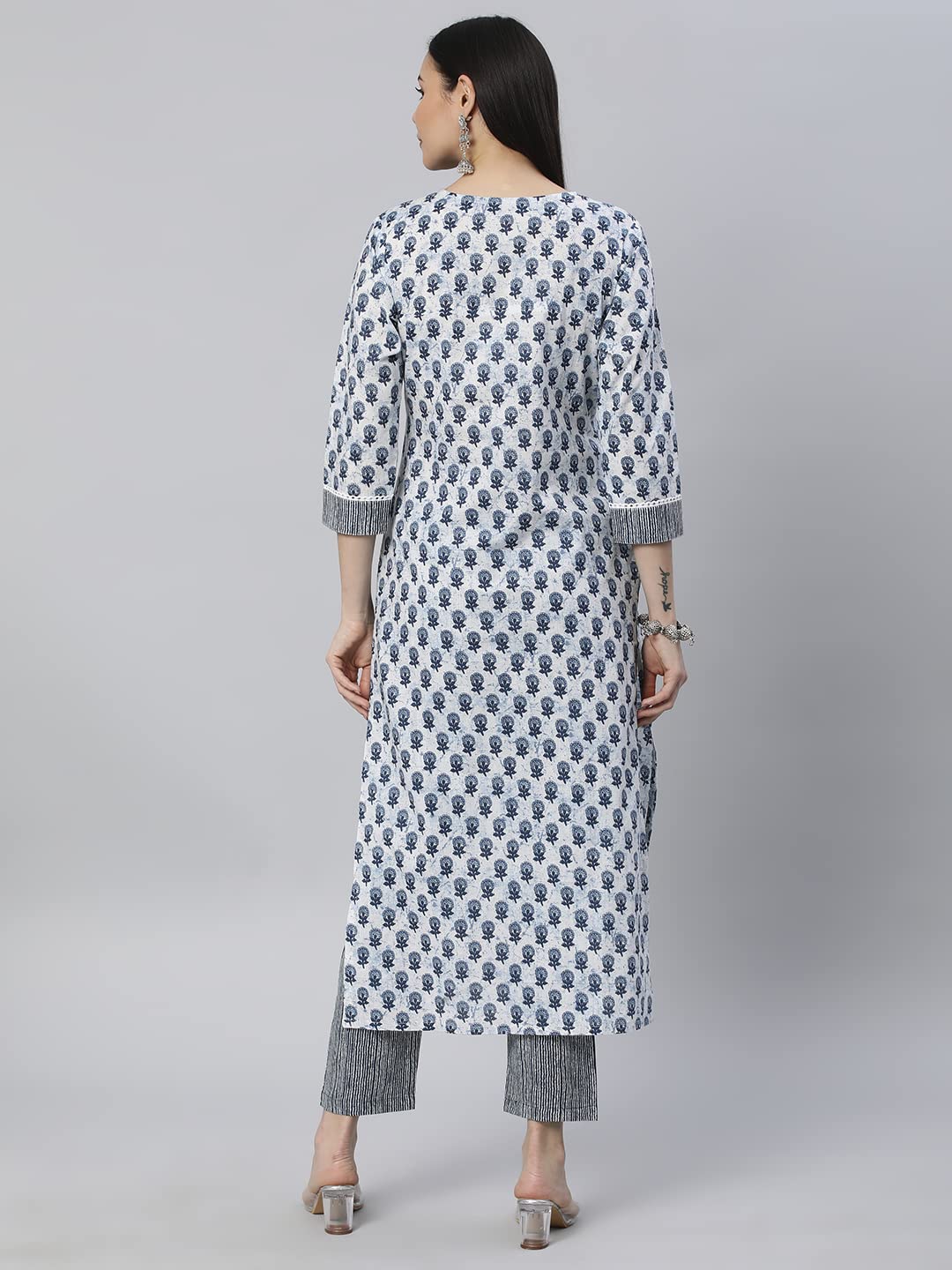 ANNI DESIGNER Womens Cotton Blend Straight Printed Kurta with Pant Set (Bitiya Blue_M_Blue_Medium)