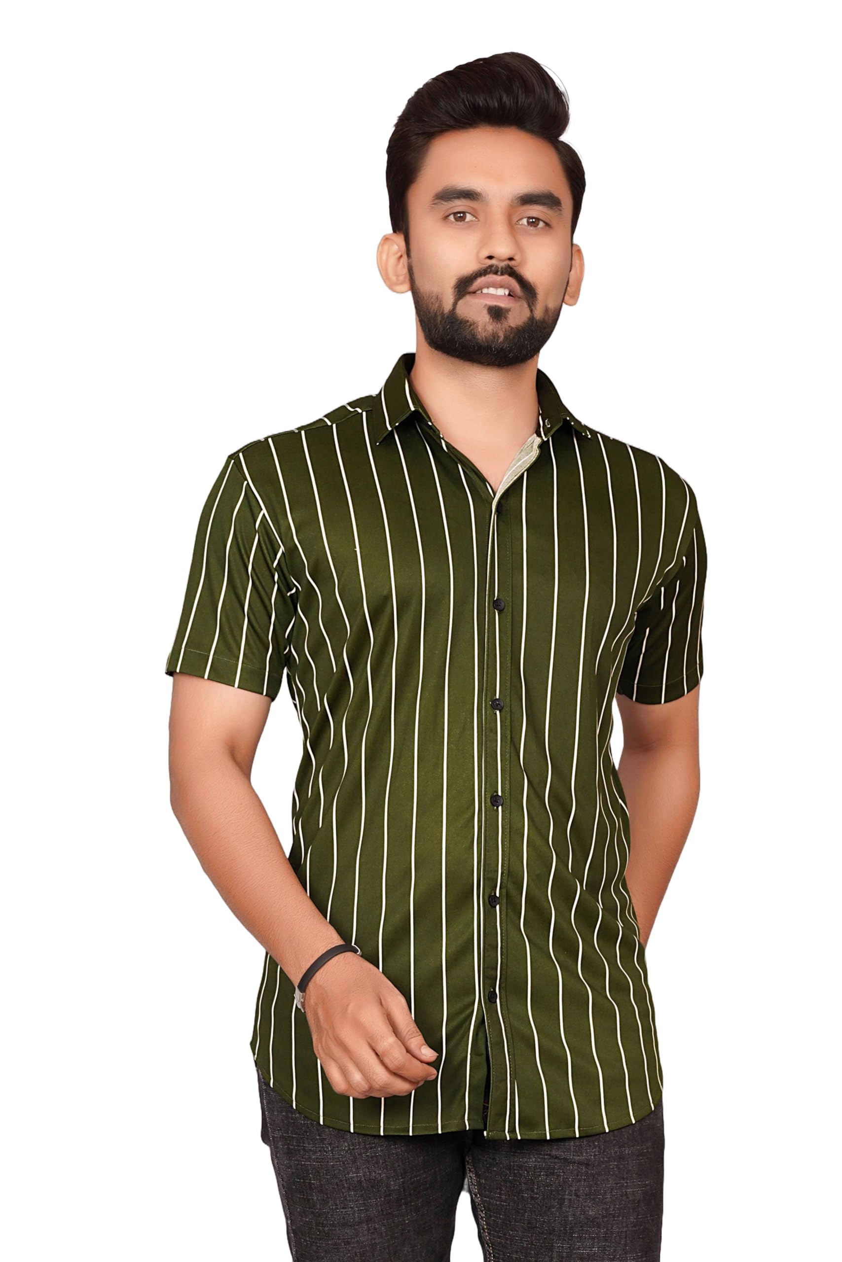 Besix MenS Green Lycra Blend Striped Regular Fit Casual Shirt For Man - Short Sleeve, Spread Collar For Formal Stylish Wear As 