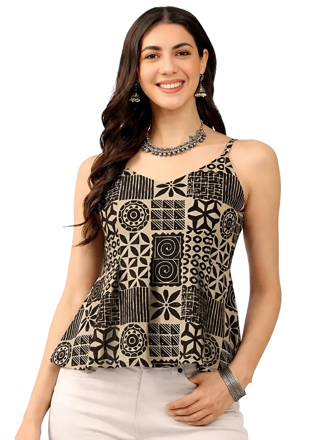 Pinkmint Women Pure Cambric Cotton Printed Peplum Top | Sleeveless Spaghetti Strap Summer Casual Top for Women & Girls