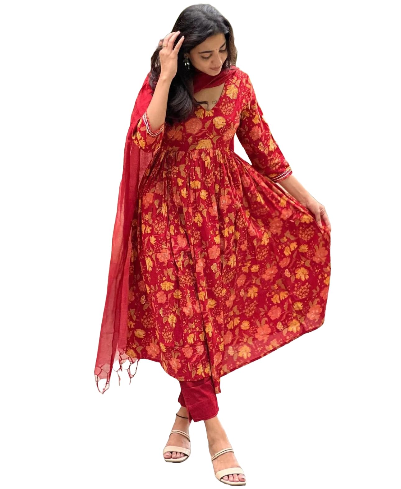 ANNI DESIGNER Womens Rayon Blend Anarkali Printed Kurta with Pant & Dupatta (RONI RED_S_Red_Small)