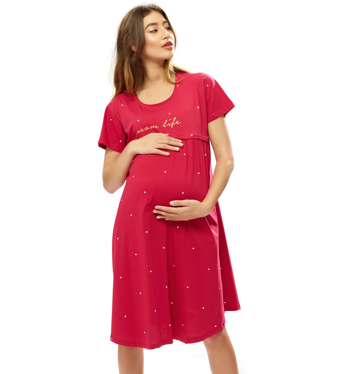 Lotik WomenS Cotton Maroon Little Heart Printed Maternity & Feeding Calf Length Short Nighty 1014M