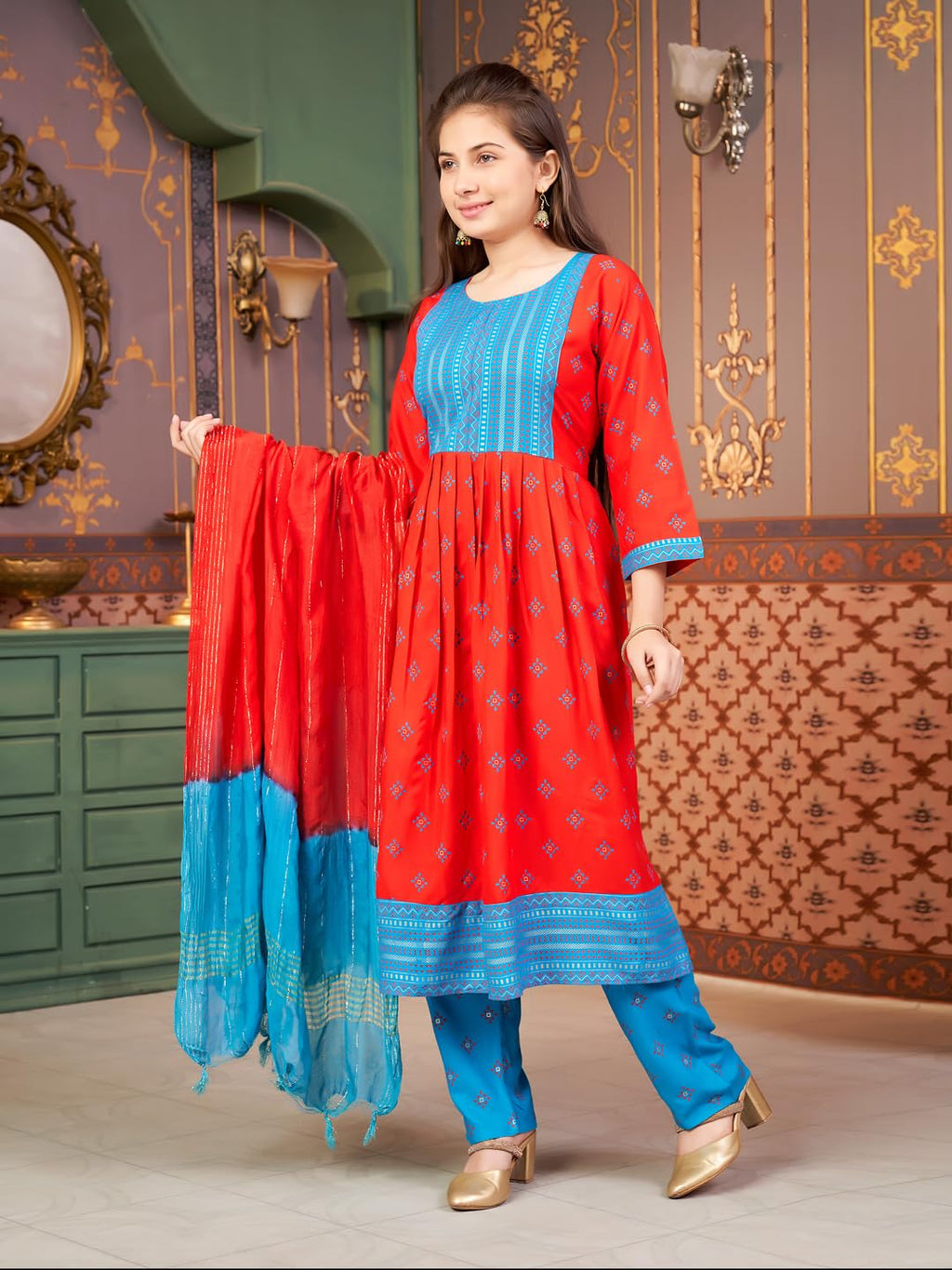 Aarika Girls Ethnic Wear Red-Firozi Colour Foil Print Rayon Kurti-8-15 Years (Kurti-Ap-801)