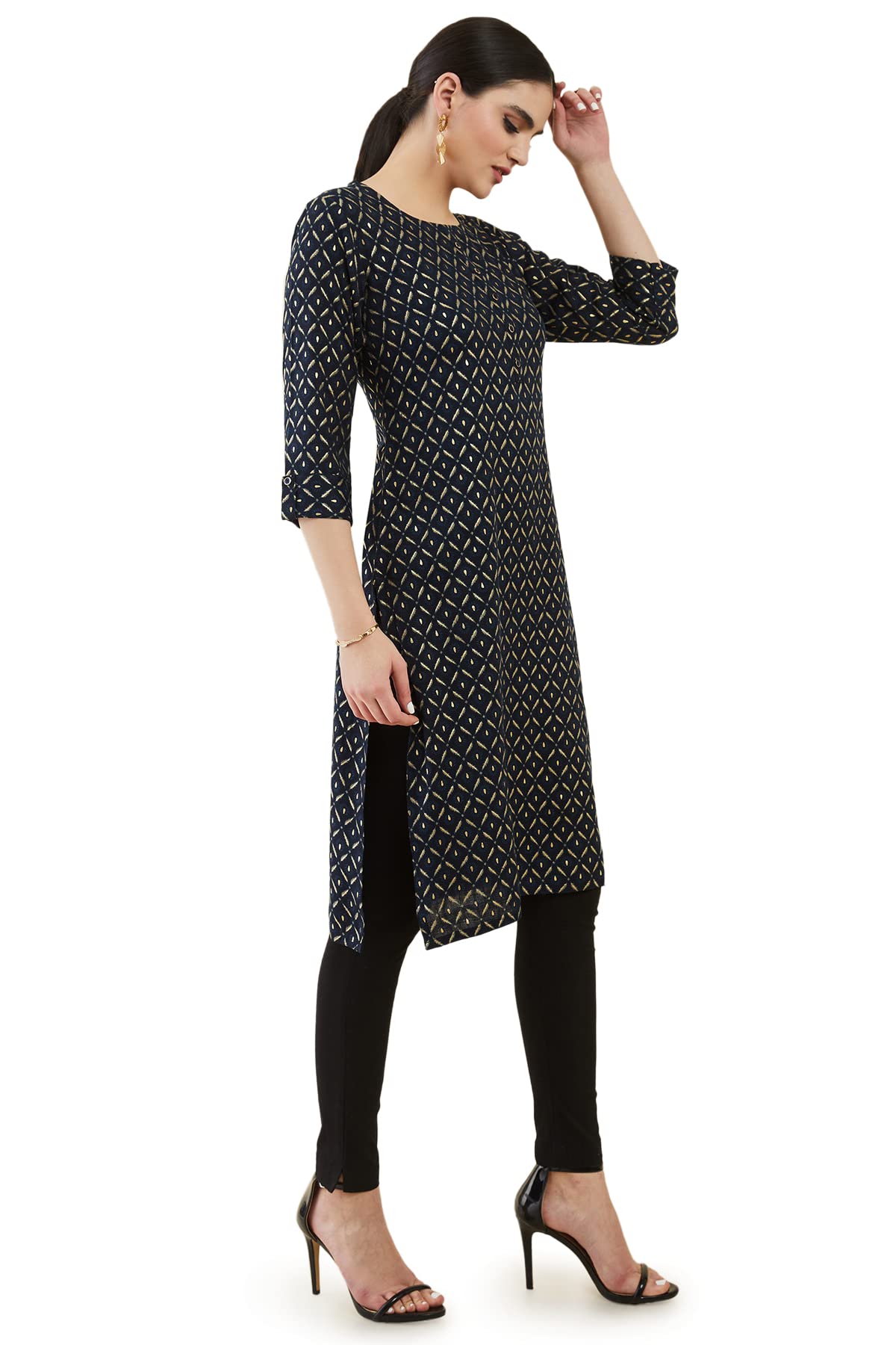 Soch Navy Blue Rayon Kurta With Block Printed Patterns