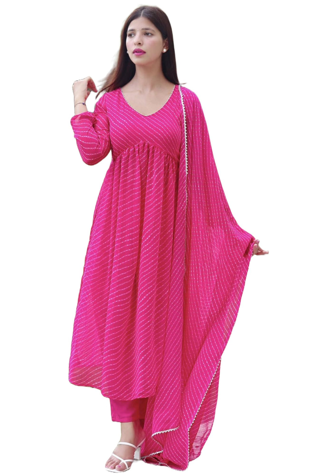 ANNI DESIGNER Womens Georgette Lehariya Printed Anarkali Kurta with Pant & Dupatta (MOTHDA-Pink_M_Pink_Medium)
