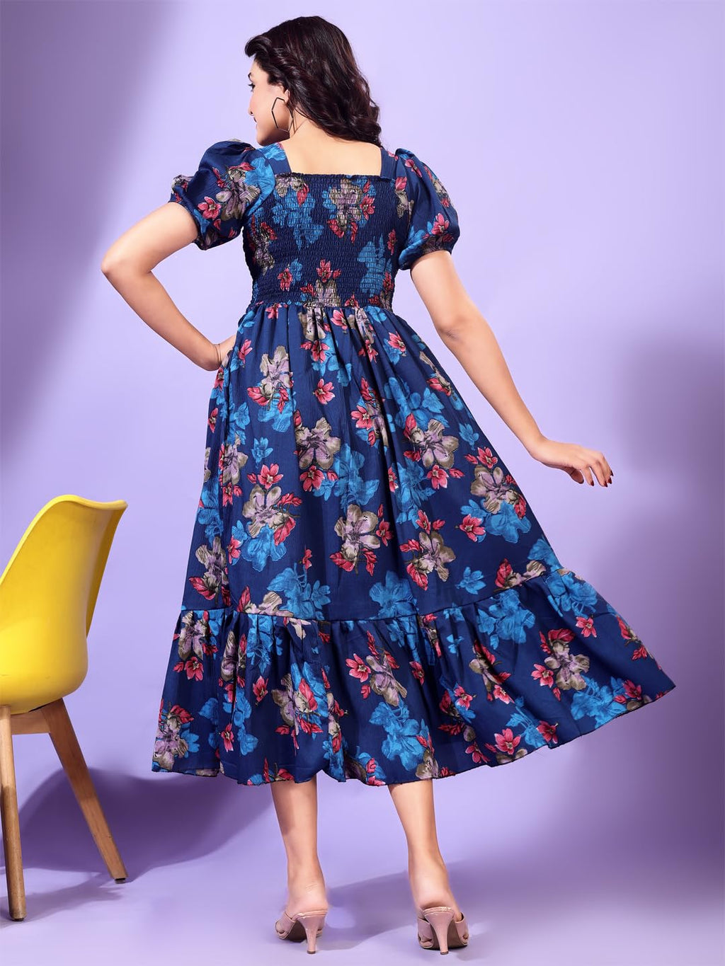 Kuduzo WomenS Cotton Maxi Dress With Half Puff Sleeves Square Neck Line Floral Pattern Maxi Length Regular Fit And Flare Blue