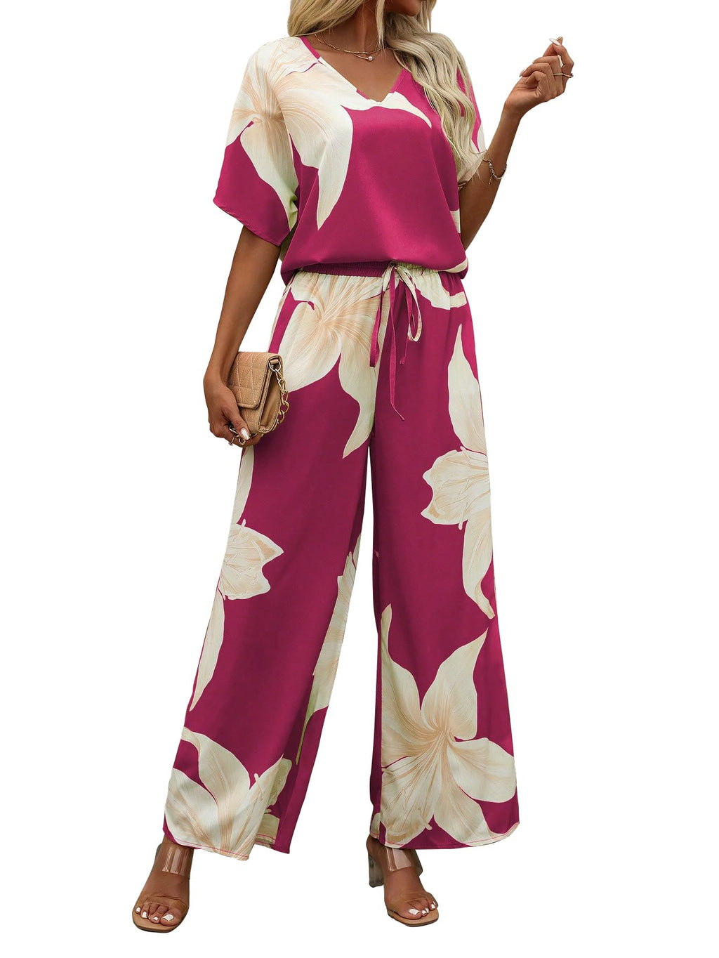 Shasmi Womens Casual Elegant Pink Floral Printed Batwing V-Neck Blouse, Sleeve Shirt, Wide Long Pants for Ladies 2pcs/Set, Spri