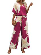 Shasmi Womens Casual Elegant Pink Floral Printed Batwing V-Neck Blouse, Sleeve Shirt, Wide Long Pants for Ladies 2pcs/Set, Spri