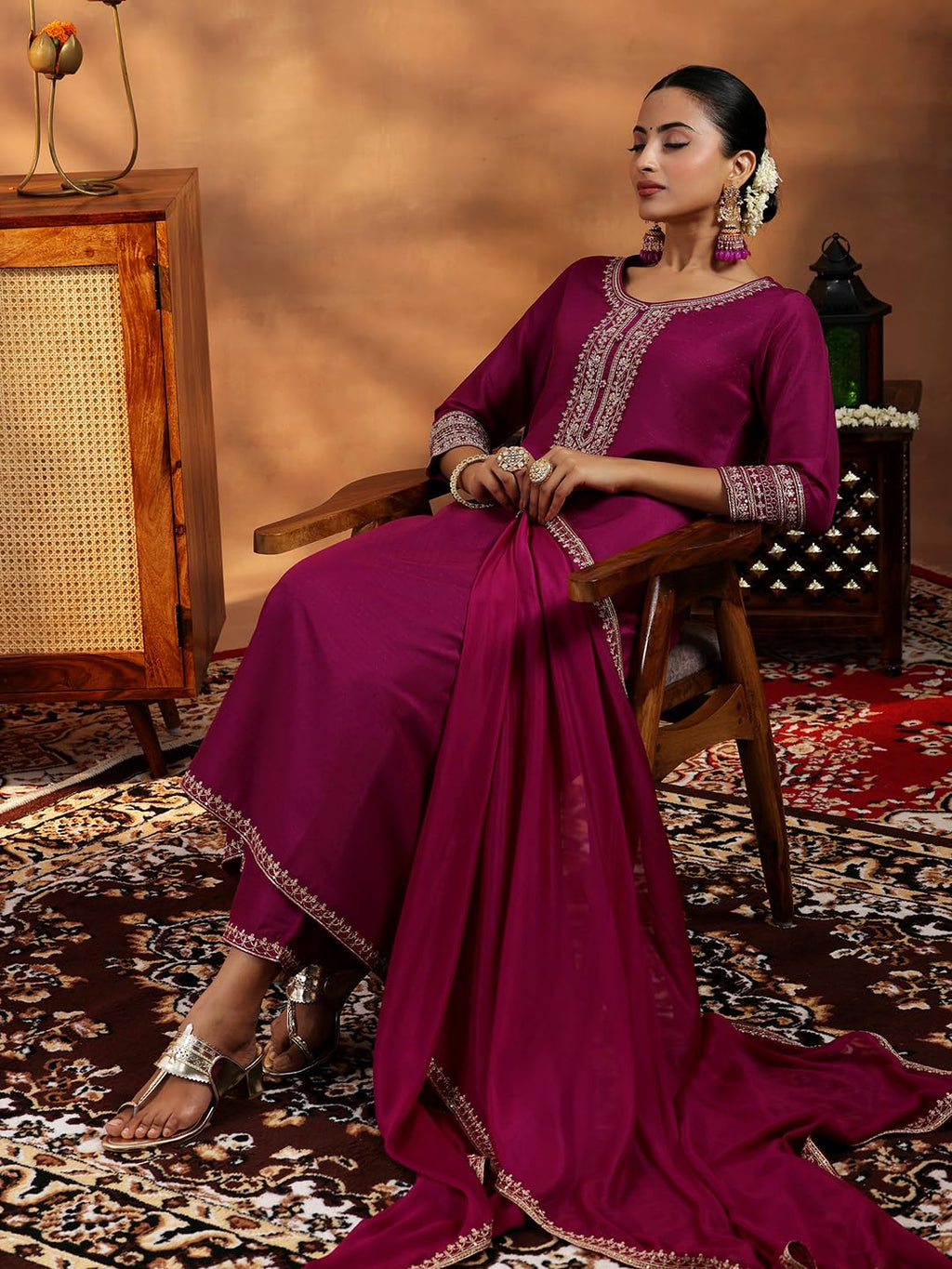 Libas Womens Yoke Design Silk Blend A-Line Kurta With Trousers And Dupatta