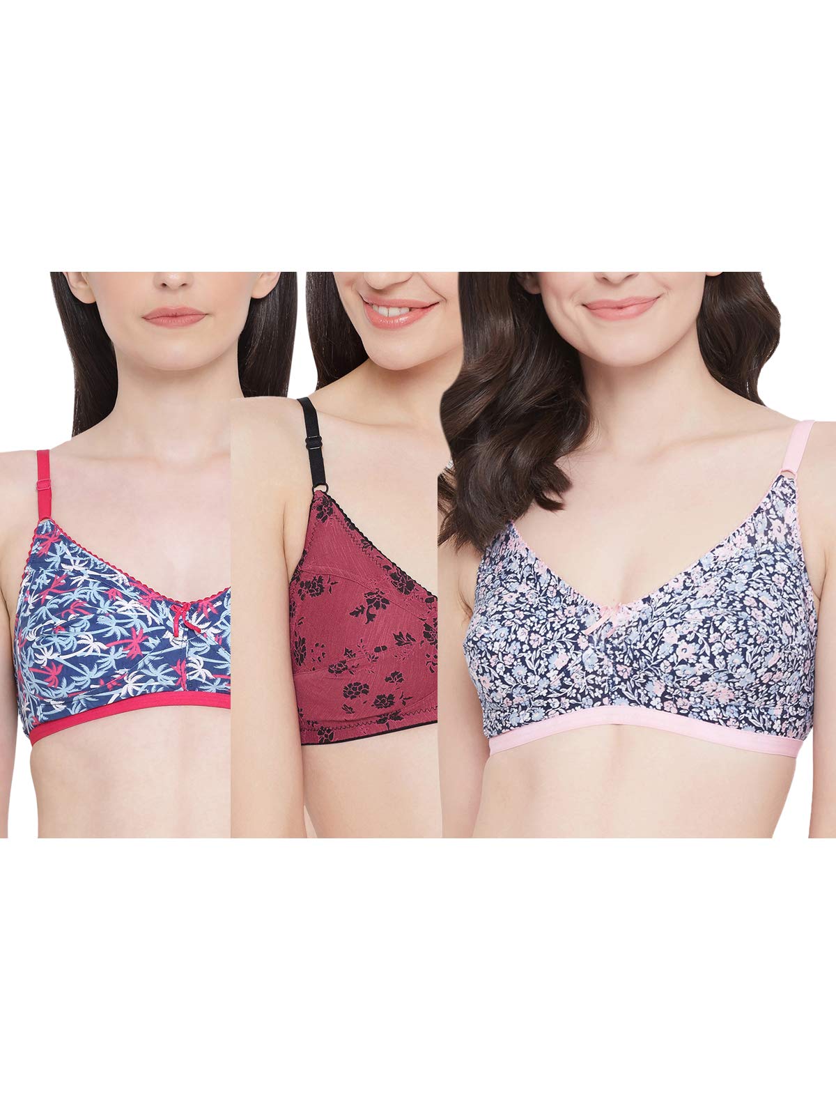 Clovia Womens Pack of 3 Cotton Non-Padded Non-Wired Bra (COMBRC724_Multicolored_36C) (Print and Color May Vary)