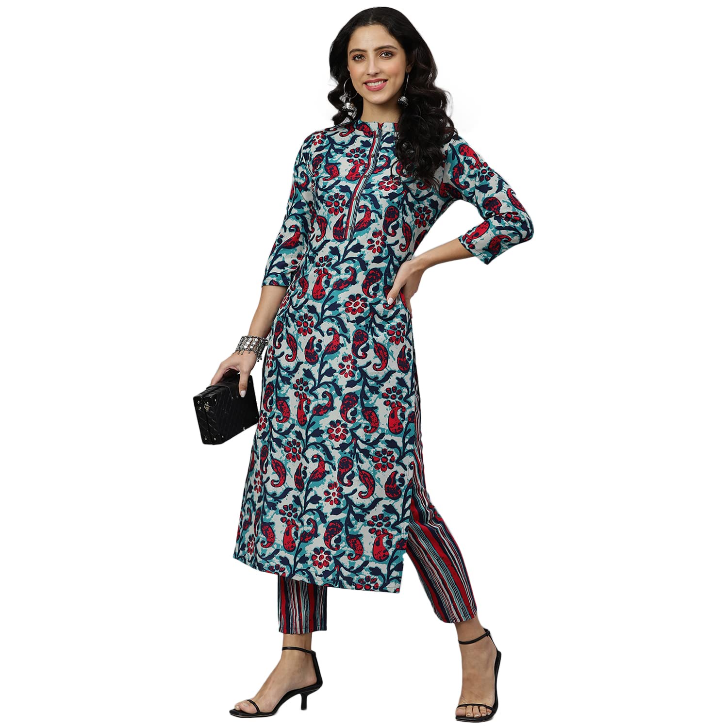 ANNI DESIGNER Women's Cotton Blend Printed Straight Kurta with Pant (Milan Multi_M_Multicolor_Medium)