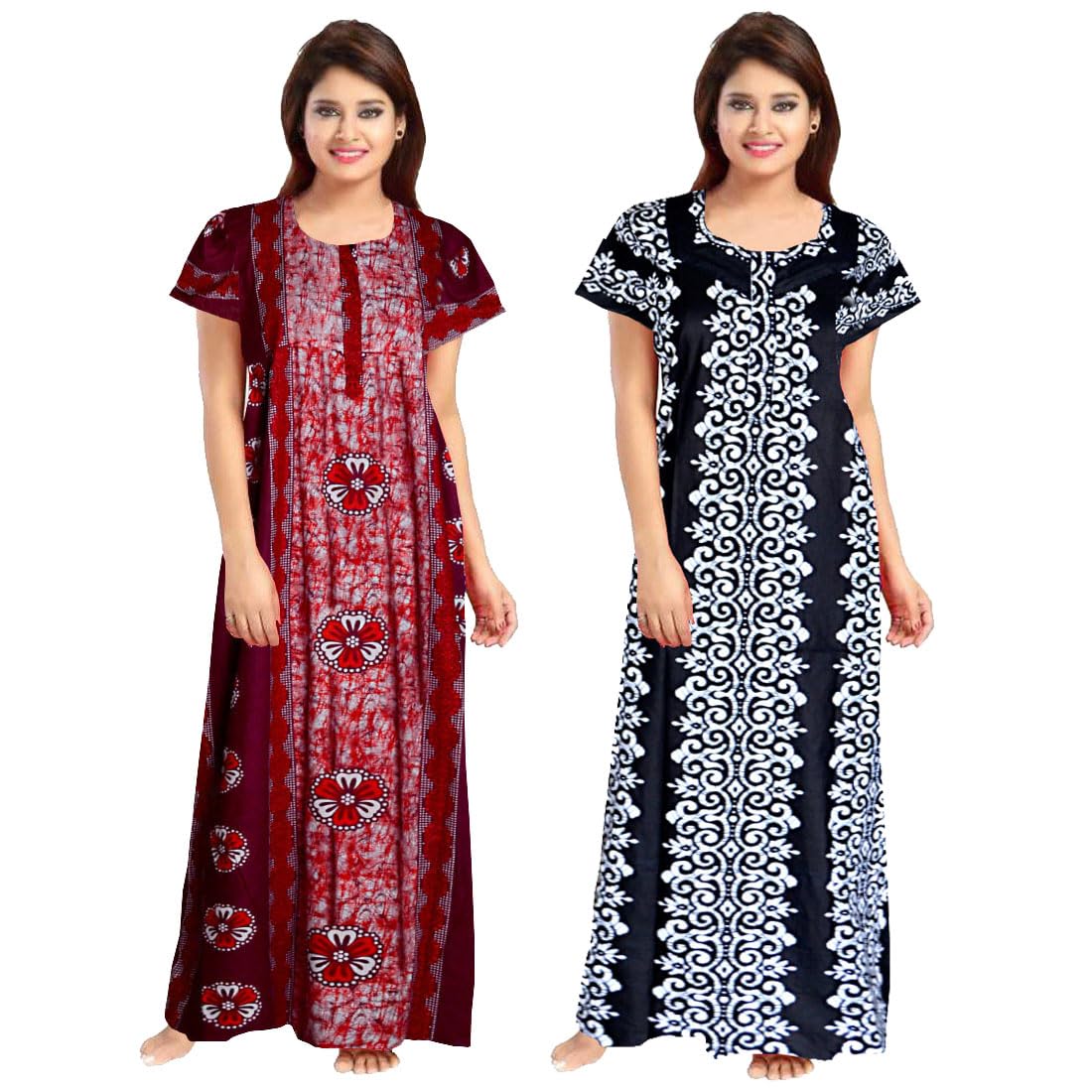Trendy Fab Jaipuri Cotton Printed Maternity Front Zipper Full Length Maxi Nighty Gown (Pack Of 2)