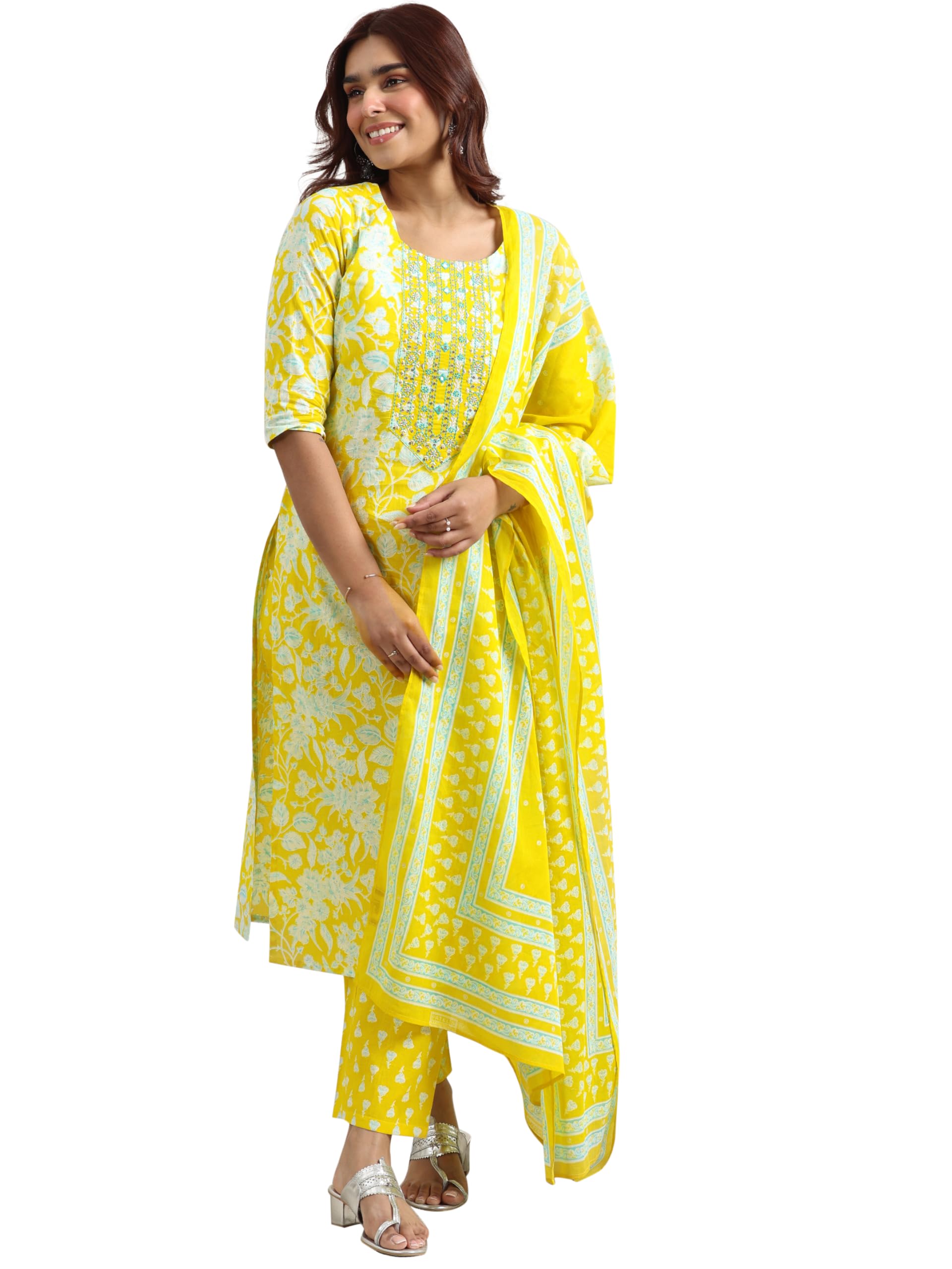 Libas WomenS Cotton Blend Kurta Set (400347H_Yellow