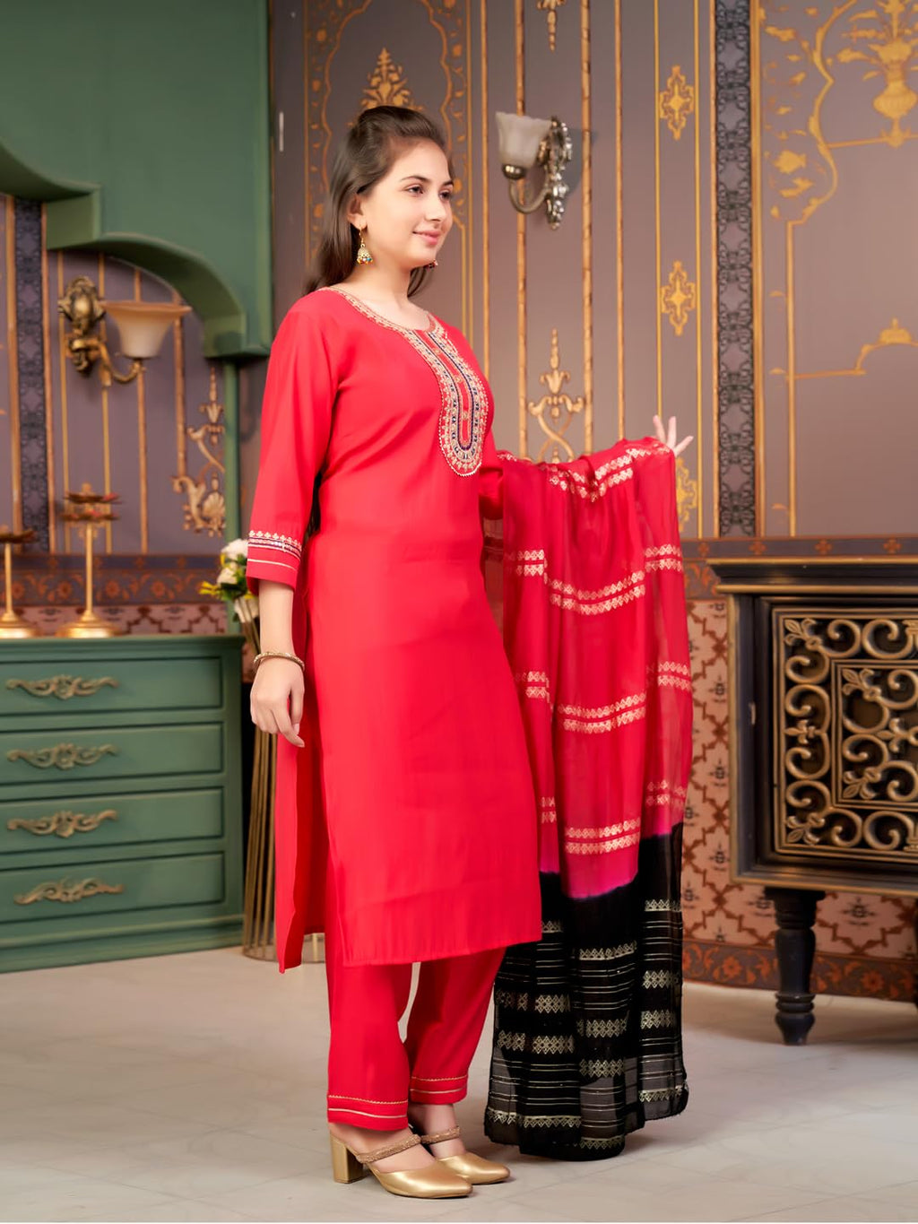 Aarika Girls Ethnic Wear Gajri Colour Sequin Embroidery Silk Kurti Pant Set-10-15 Years (Kp-Sd-6001)