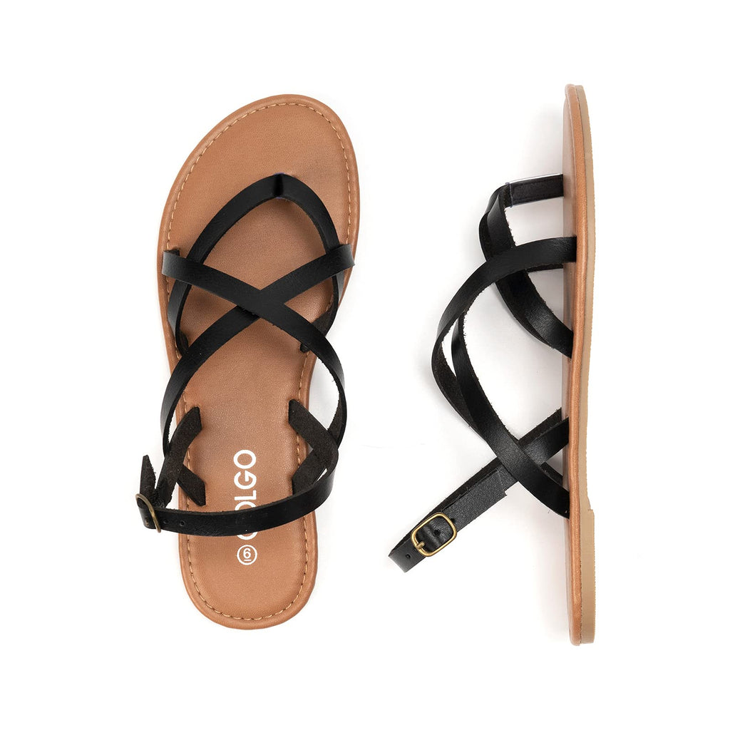 COLGO Women's Summer Strappy Flat Sandals, Adjustable Casual Fisherman Sandal with Open Toe Slingback Gladiator Sandals (8,Black