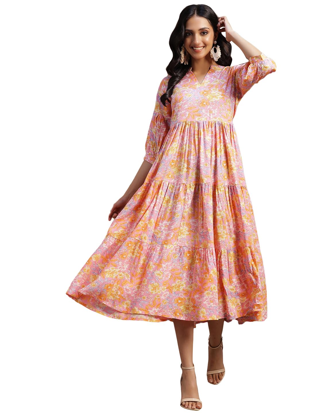 Libas WomenS Rayon Fit And Flare Midi Dress (29090_Pink