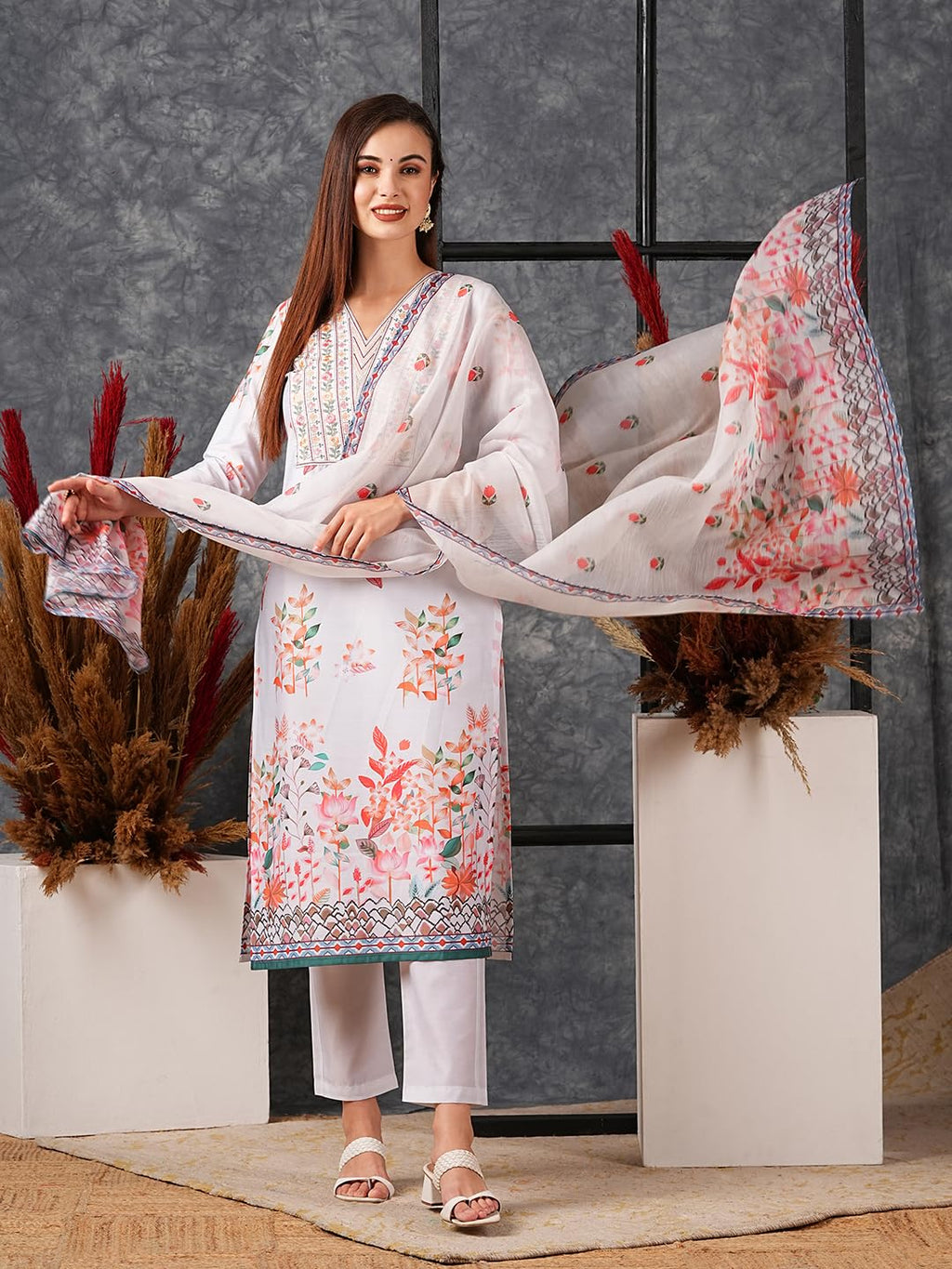ANNI DESIGNER Ladies Cotton Blend Kurta Trousers with Dupatta Set, cream, XXL