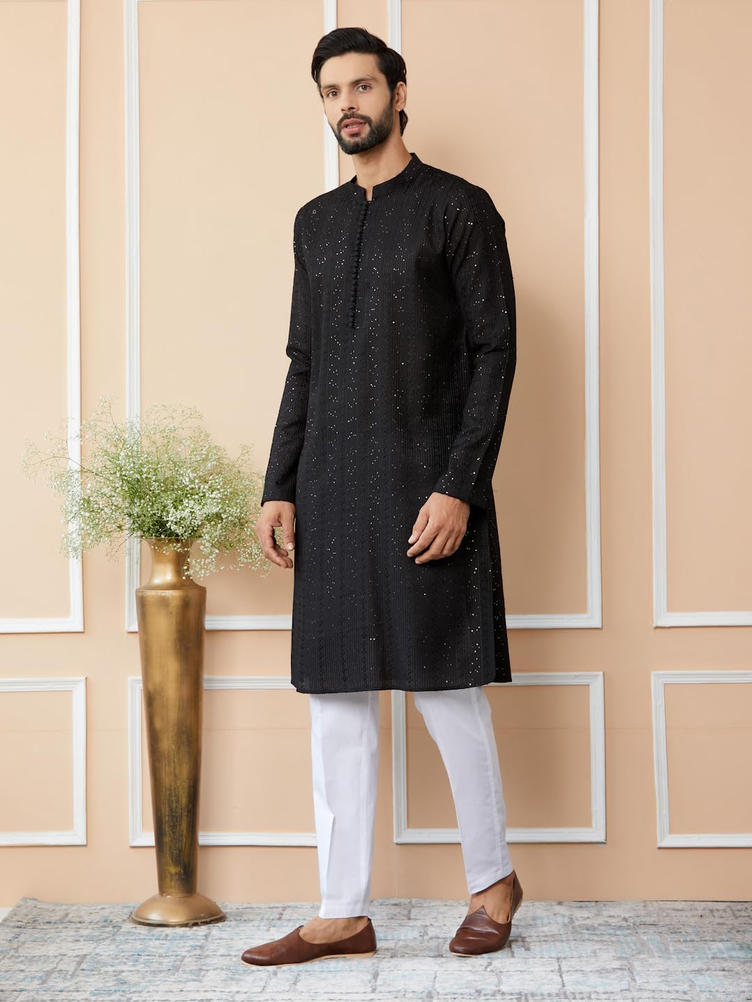 See Designs MenS Long Sleeve Mandarin Collar Side Slit Black Embroidered Thread Work Sequinned Chanderi Silk Straight Kurta - S