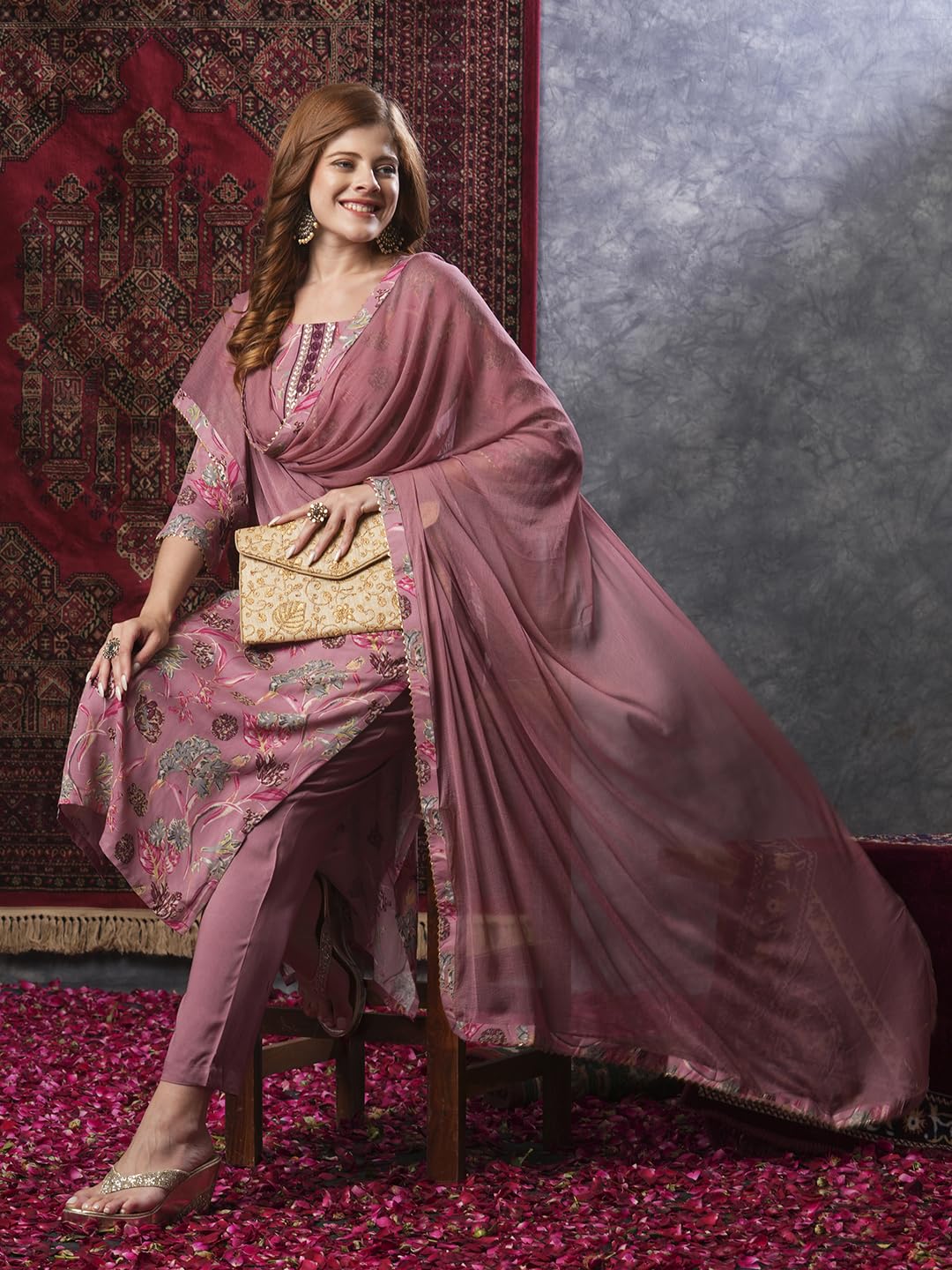 ANNI DESIGNER Women s Kurta with Trousers and Dupatta, peach, L