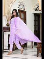 ANNI DESIGNER Womens Cotton Blend Straight Printed Kurta with Pant & Dupatta (Baiyaan Purple-CMD_L_Purple_Large)