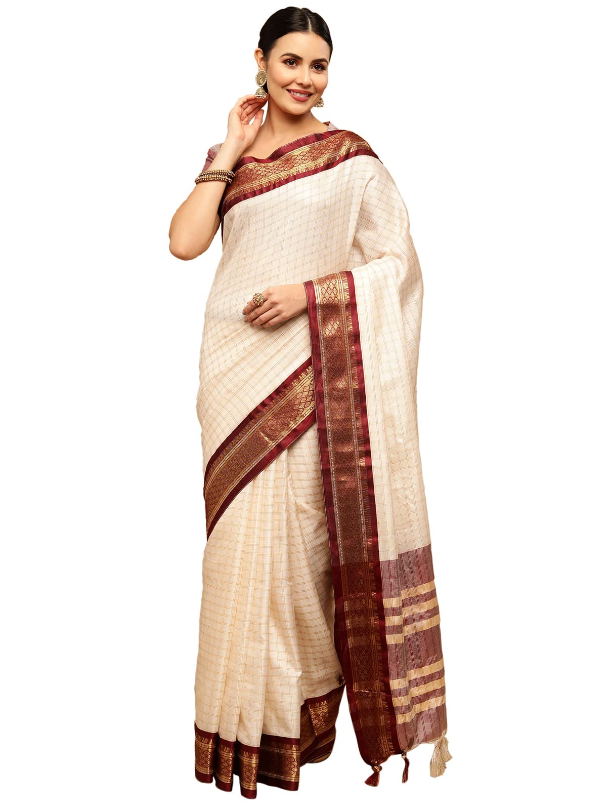 Satrani Womens Woven Silk Blend Saree (2347S252NA_Off White2)