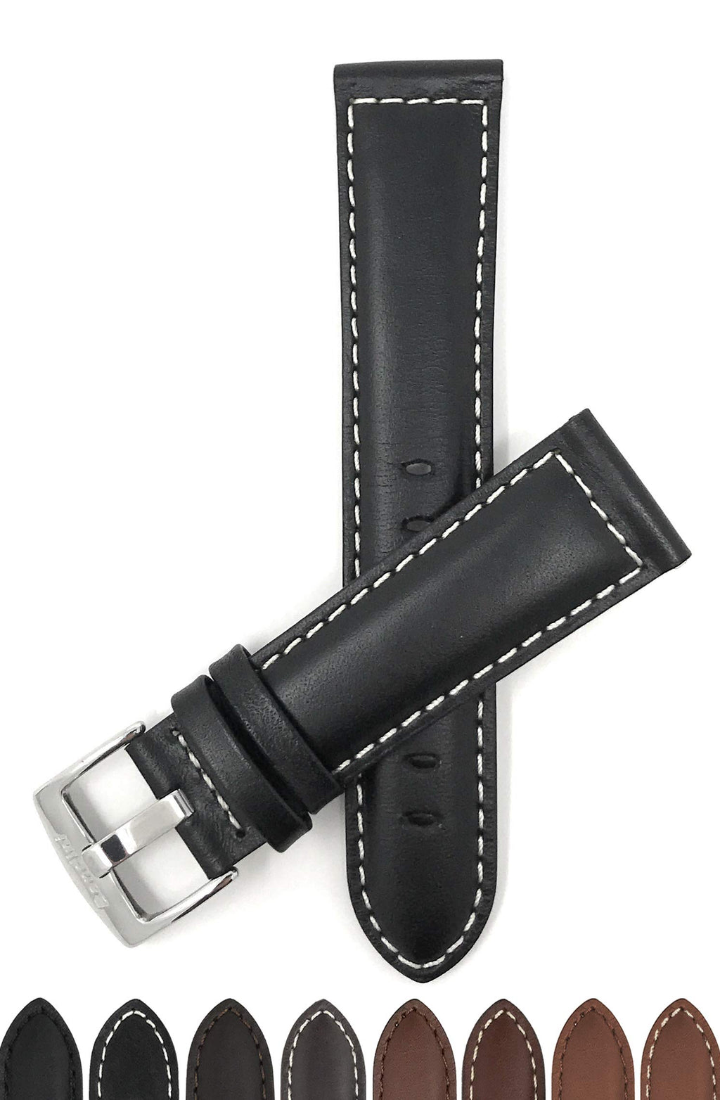 Bandini Extra Long (XL) 26mm Mens Italian Leather Watch Band Strap - Black - Mat Finish - White Stitching