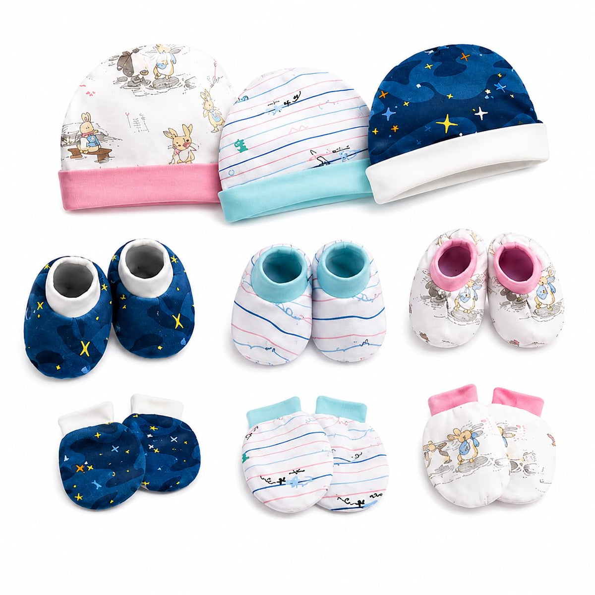 Vparents Baby Mittens Caps Gloves And Booty Combo For Unisex Booty Durable Cotton Gift Set Assorted Deisgn (Pink Blue And Dark B 3