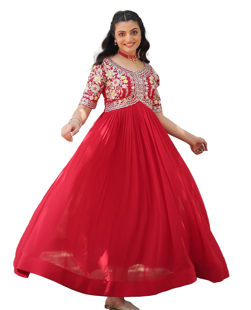 Wedani Georgette Embroidered Zari Sequins-Work Anarkali Kurta Set for Women (in, Alpha, S, Regular, RED)