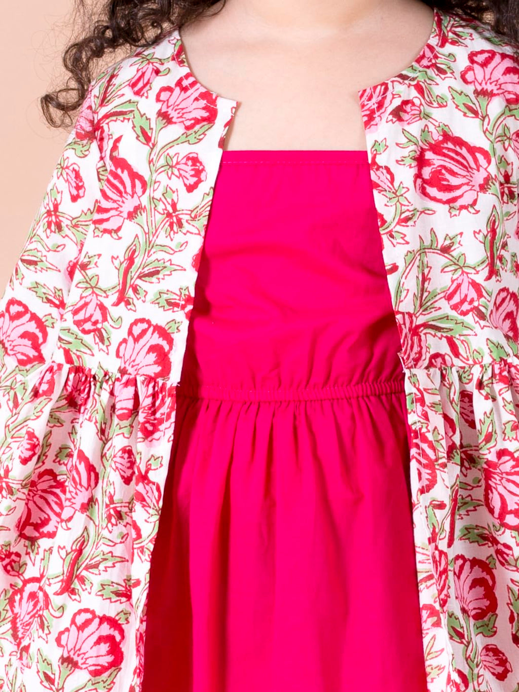 Pspeaches Girls Magenta White Floral A-Line Cotton Below The Knee Dress with Attached Shrug
