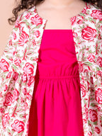 Pspeaches Girls Magenta White Floral A-Line Cotton Below The Knee Dress with Attached Shrug