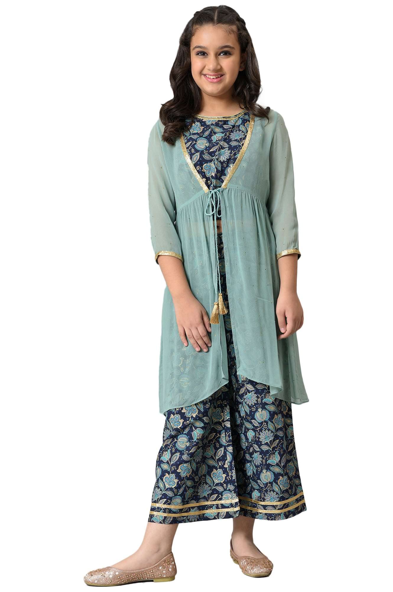 Aurelia Girls Polyester Top & Gillet & Palazzo (22AUG10267B-506012_Green