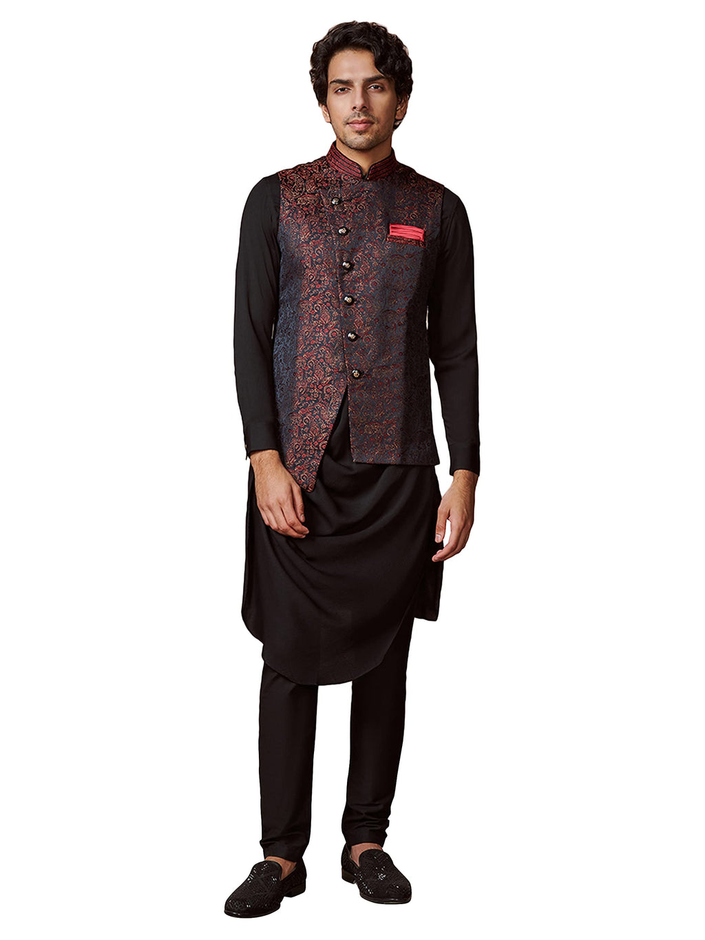 Manyavar Kurta Jacket Set For Men, Full Sleeves Mandarin Collar Ethnic Kurta Jacket Set For Festival, Wedding, Party Blended Ray