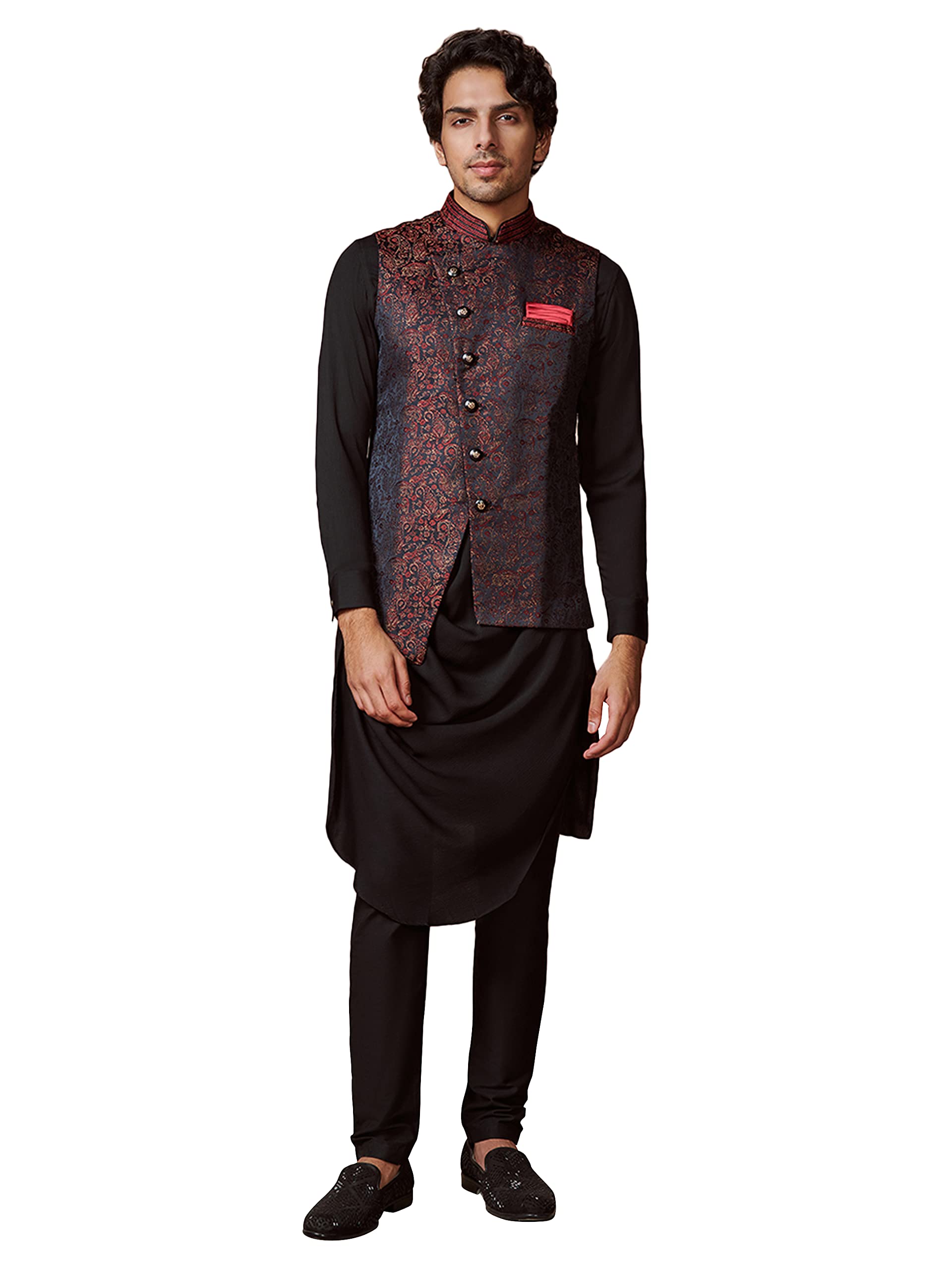Manyavar Kurta Jacket Set for Men, Full Sleeves Mandarin Collar Ethnic Kurta Jacket Set for Festival, Wedding, Party Blended Ray