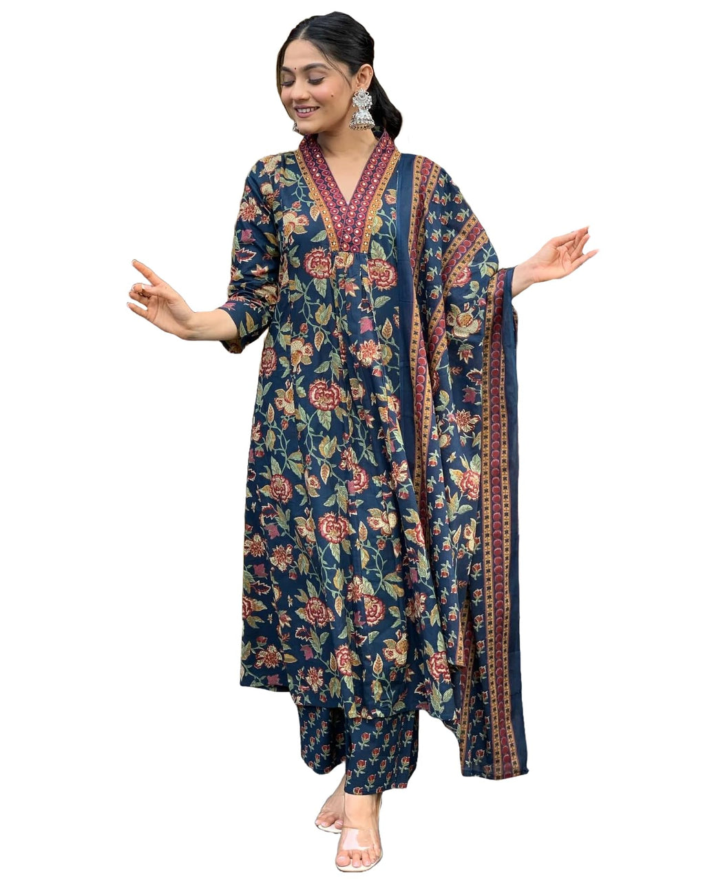 ANNI DESIGNER Womens Rayon Blend Anarkali Printed Kurta with Palazzo & Dupatta (CIA Blue_3XL_Blue_XXX-Large)