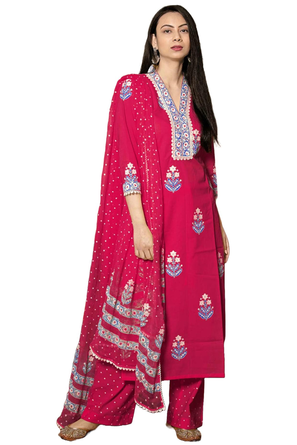 ANNI DESIGNER Womens Rayon Viscose Floral Straight Kurta with Pant & Dupatta (Belagavi Mustard_Pink_Medium)