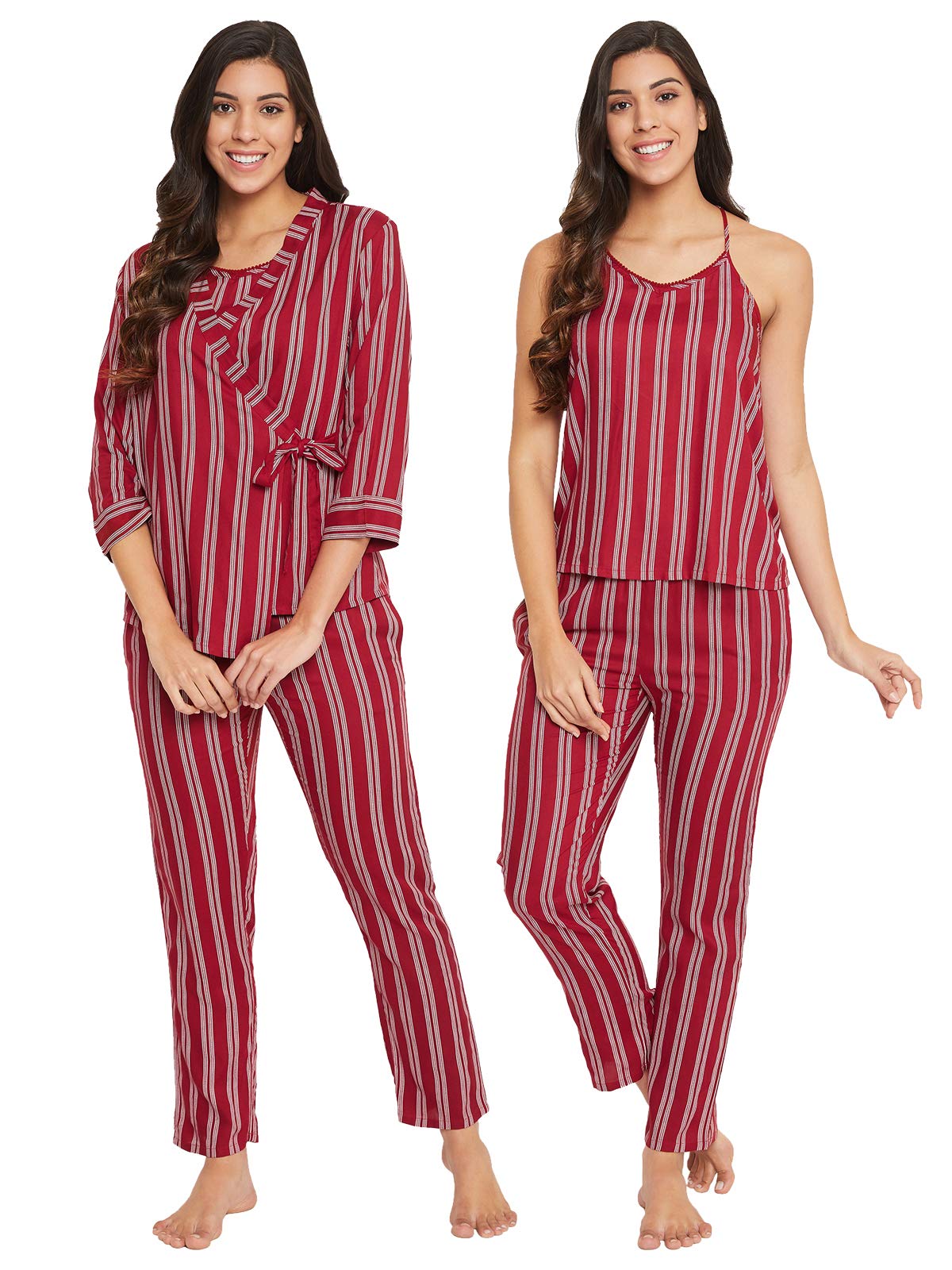 Clovia Womens Rayon Stripes Printed Cami Top & Robe Pyjama Set (LS0570P09_Red_XXL)