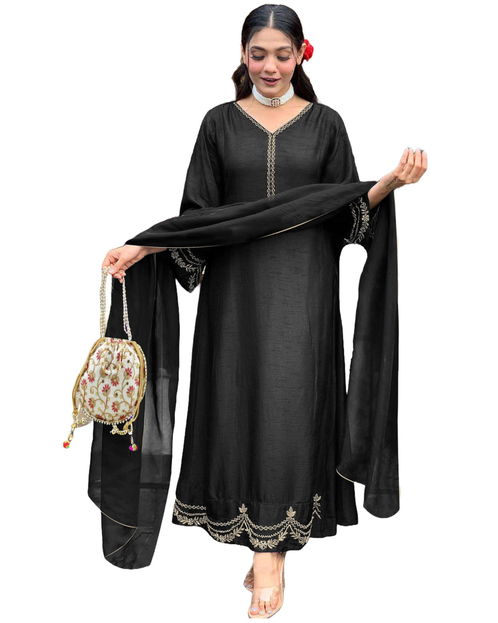 ANNI DESIGNER Womens Rayon Viscose Anarkali Embroidered Kurta with Pant & Dupatta (Ranibai Black_M_Black_Medium)