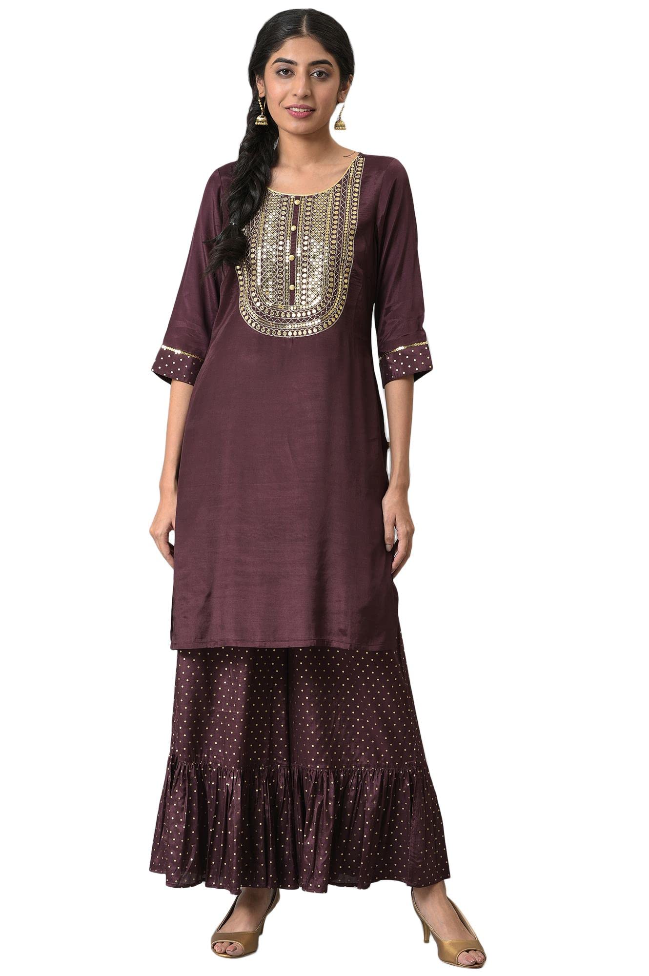 Aurelia Women Brown Shantung Liva Kurta With Gathered Sharara_22Auas13518-604763_S