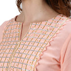 Ishin Women'S Pure Cotton Embroidered Gotta Patti Peach Checked Print Straight Kurta Suit Set With Dupatta & Sharara