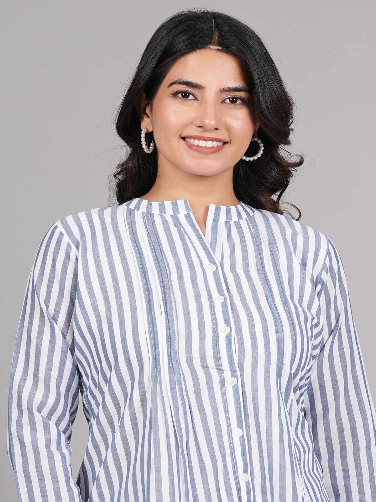 Rangita Grey Cotton Straight Striped Short Length Kurti | Kurta For Women