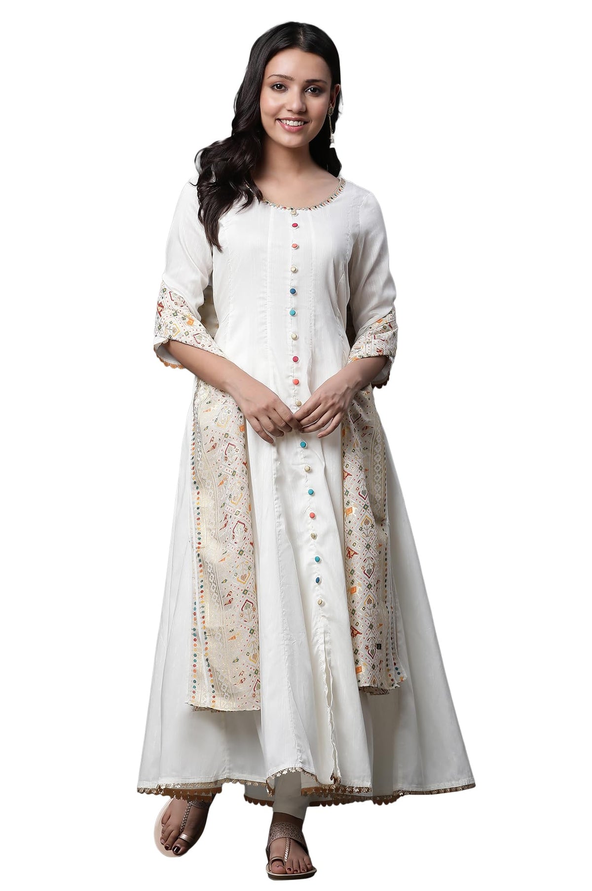 Aurelia WomenS Ivory Viscose Flared Regular Fit Kurta, Tights, Dupatta Suit Set_23Aud14559-702157_L