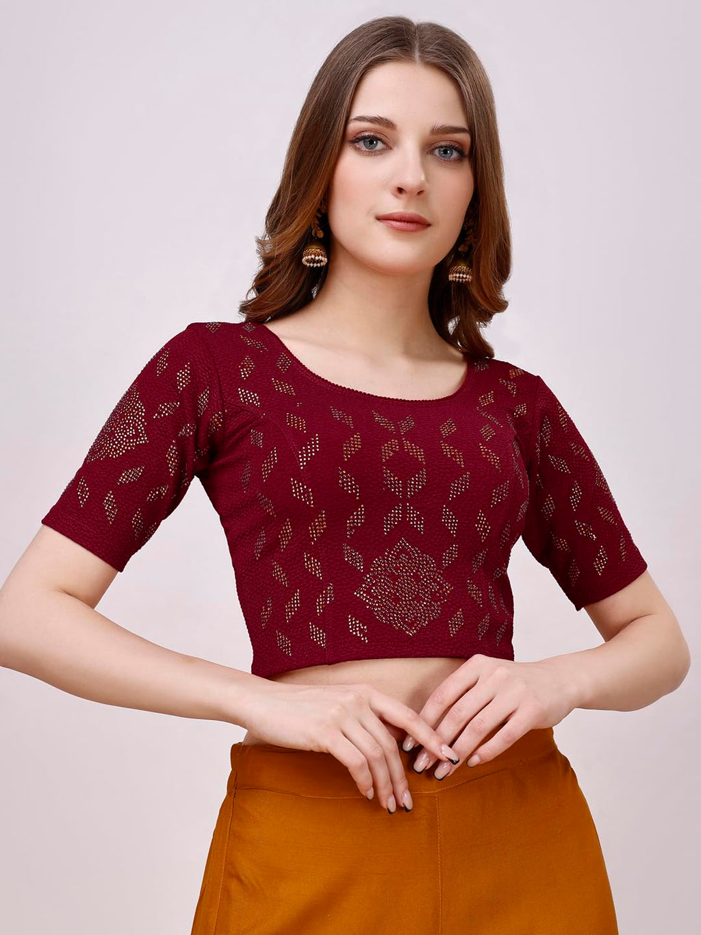 Pujia Mills WomenS Readymade Hosiery Lycra Stretchable Round Neck Half Sleeve Blouse With Swaroski Work Fancy Lycra Stretchable