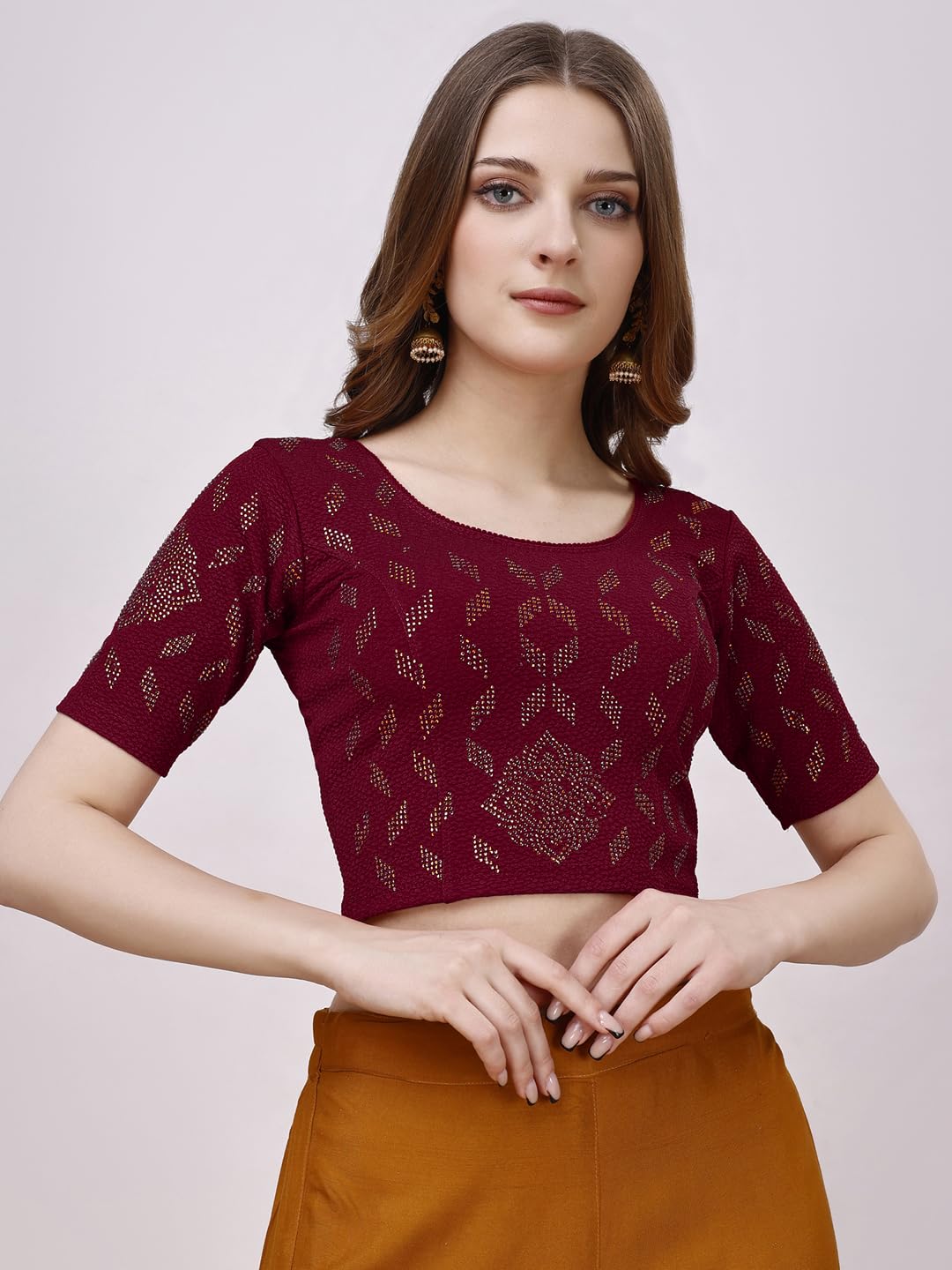 Pujia Mills WomenS Readymade Hosiery Lycra Stretchable Round Neck Half Sleeve Blouse With Swaroski Work Fancy Lycra Stretchable