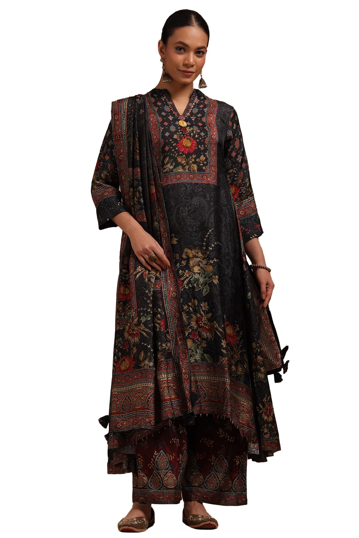 Soch Women Dola Silk Botanical Print Suit Set with Thread Work